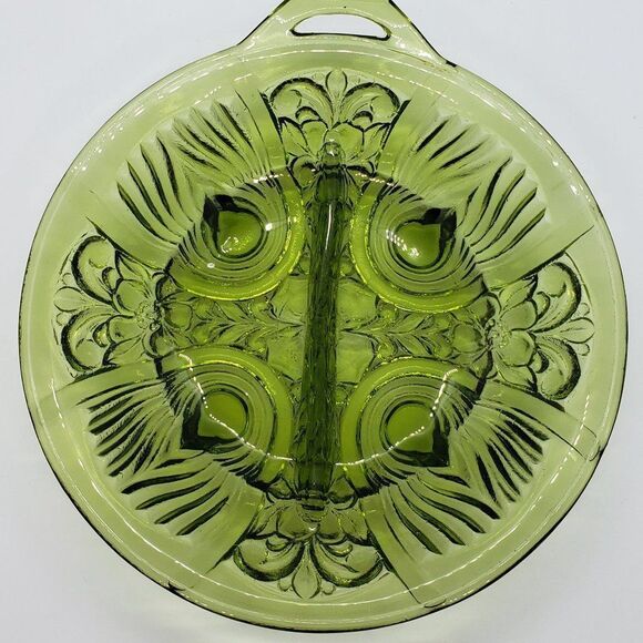 Indiana Glass Vintage Killarney Avocado Green Divided Relish Dish or Bowl - Picture 2 of 7